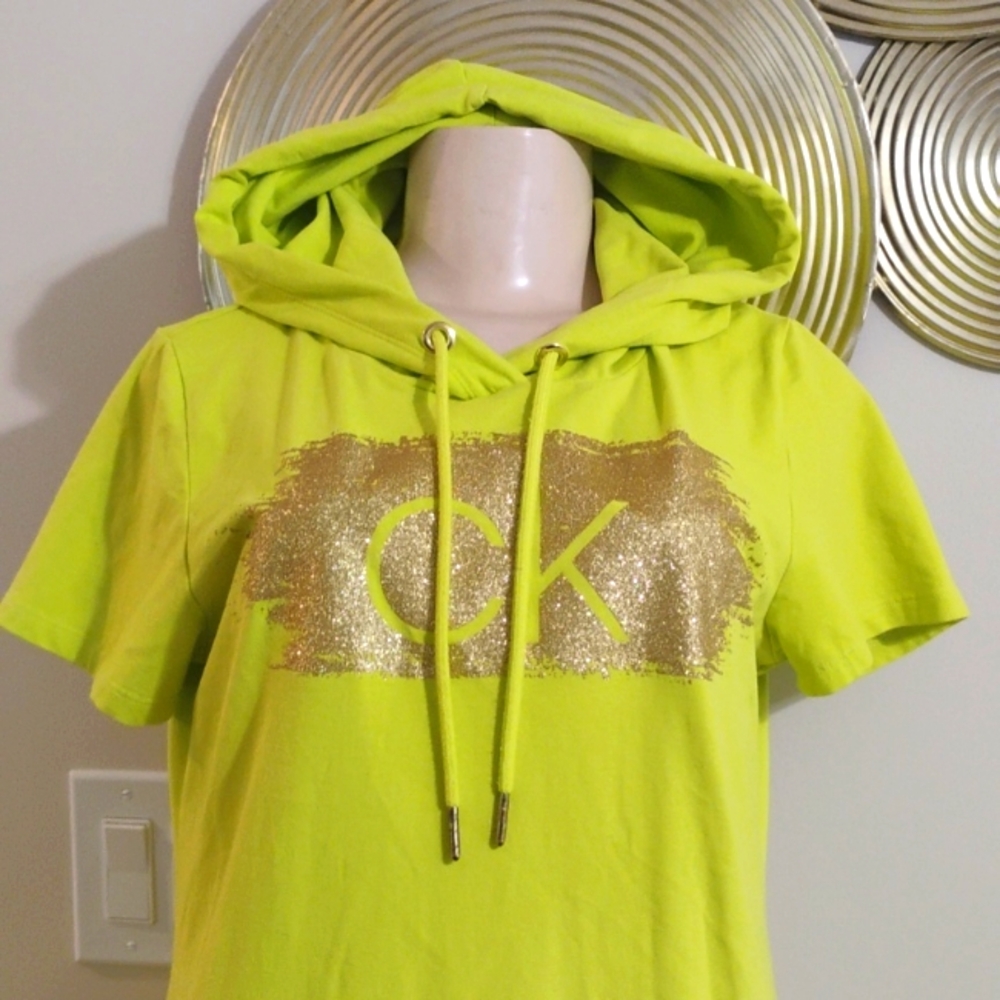 Calvin Klein Neon Green Hooded Dress with Glitter Logo Size